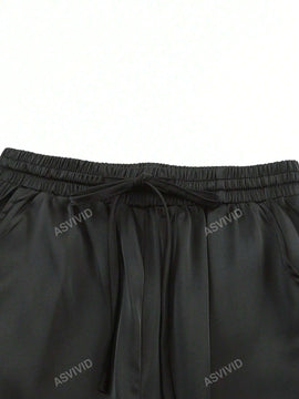 Pantalones de cargo con bolsillo con solapa, cordon ajustable y cintura elastica de saten para mujeres