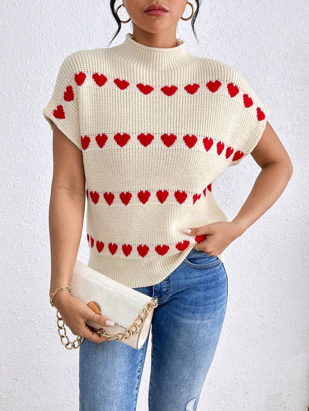 Frenchy Chaleco De Sueter Con Cuello Levantado Y Patron De Amor Para Mujer A La Moda