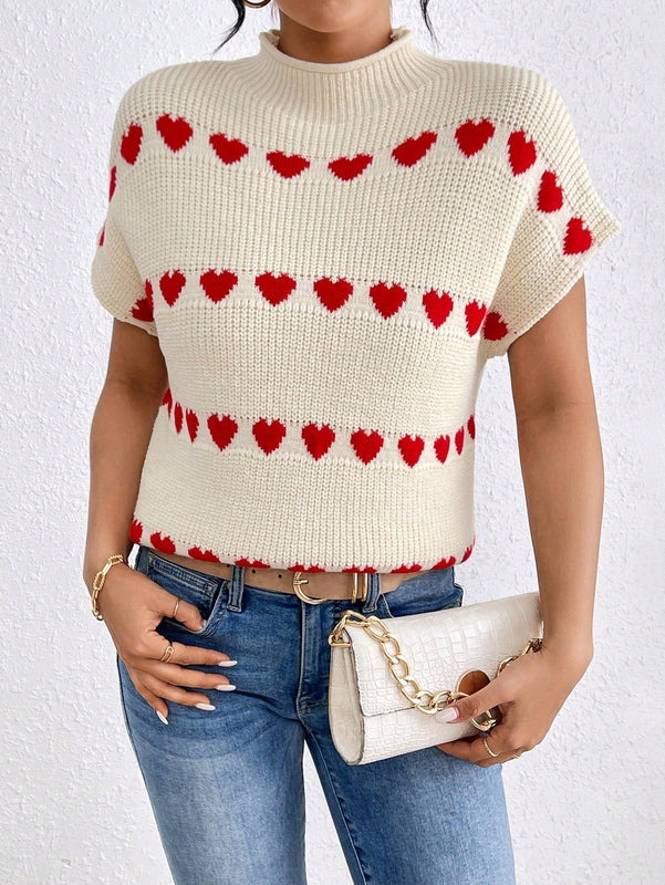 Frenchy Chaleco De Sueter Con Cuello Levantado Y Patron De Amor Para Mujer A La Moda