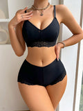 Conjunto De Ropa Interior Comoda Con Empalme De Encaje Para Mujer