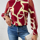 Prive Camisa De Manga De Linterna De Malla De Cuello Alto Para Mujer Con Estampado