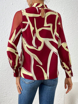Prive Camisa De Manga De Linterna De Malla De Cuello Alto Para Mujer Con Estampado