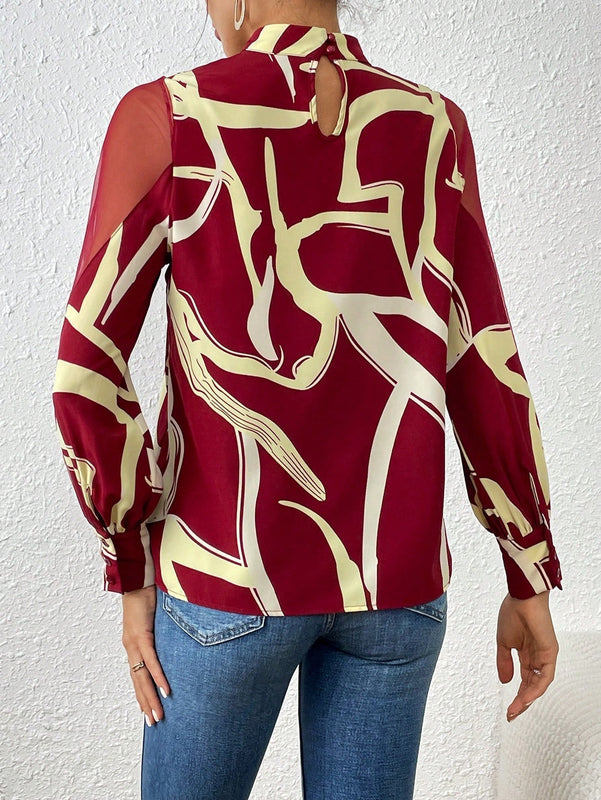 Prive Camisa De Manga De Linterna De Malla De Cuello Alto Para Mujer Con Estampado