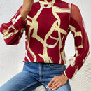 Prive Camisa De Manga De Linterna De Malla De Cuello Alto Para Mujer Con Estampado
