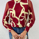 Prive Camisa De Manga De Linterna De Malla De Cuello Alto Para Mujer Con Estampado