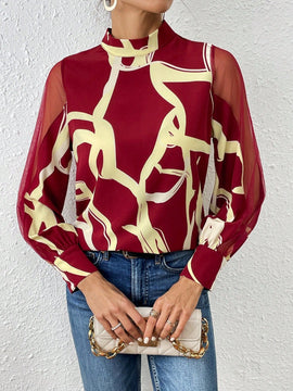 Prive Camisa De Manga De Linterna De Malla De Cuello Alto Para Mujer Con Estampado
