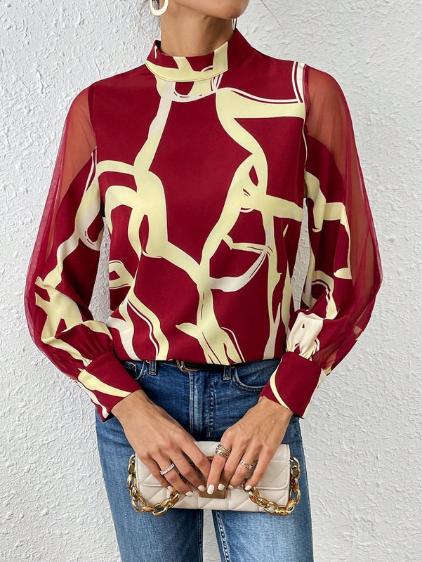 Prive Camisa De Manga De Linterna De Malla De Cuello Alto Para Mujer Con Estampado