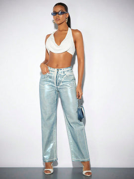BAE Jeans De Mujer Azules Metalicos De Talle Bajo Y Jean De Ano Nuevo
