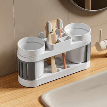 1set Soporte Moderno para Cepillos de Dientes de Plástico con Doble Vasos, Organizador de Baño Montado en el Suelo para Parejas, Juego de Vasos para Cepillos de Dientes y Enjuague Bucal No Eléctrico