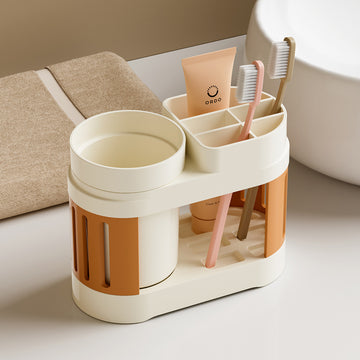 1set Soporte Moderno para Cepillos de Dientes de Plástico con Doble Vasos, Organizador de Baño Montado en el Suelo para Parejas, Juego de Vasos para Cepillos de Dientes y Enjuague Bucal No Eléctrico