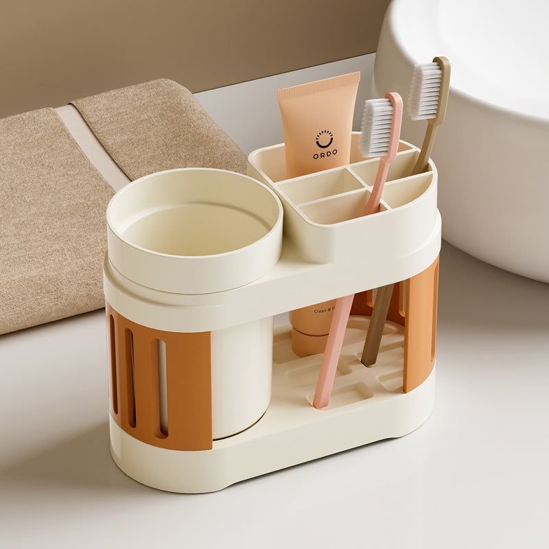 1set Soporte Moderno para Cepillos de Dientes de Plástico con Doble Vasos, Organizador de Baño Montado en el Suelo para Parejas, Juego de Vasos para Cepillos de Dientes y Enjuague Bucal No Eléctrico