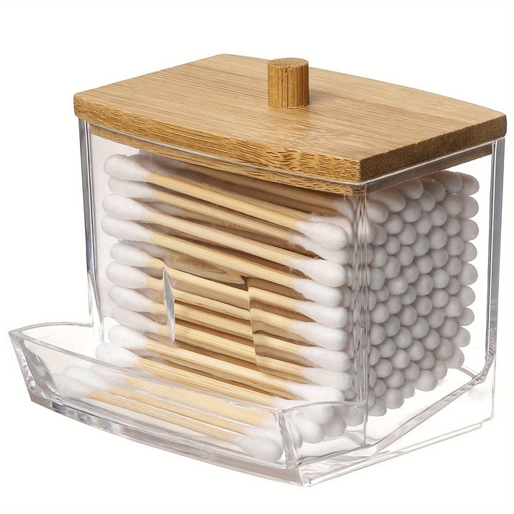 1 unidad Soporte de hisopo autosoportante con tapa de madera - 7oz Organizador de plástico ligero para baño y farmacia, no necesita electricidad, diseño transparente con tapa de madera blanca, Organizadores y almacenamiento de baño
