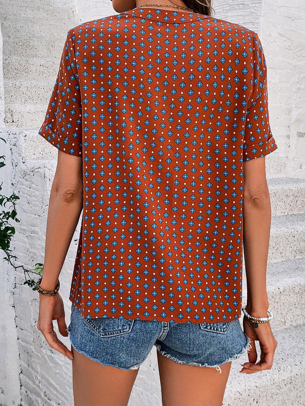 Blusa De Manga Corta Con Cuello En V Con Muescas Y Estampado Floral Para Mujer