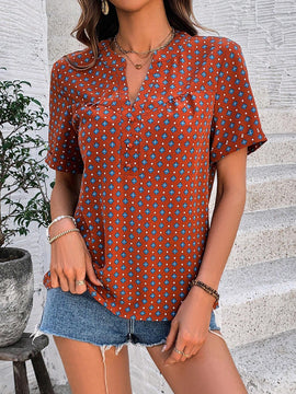 Blusa De Manga Corta Con Cuello En V Con Muescas Y Estampado Floral Para Mujer