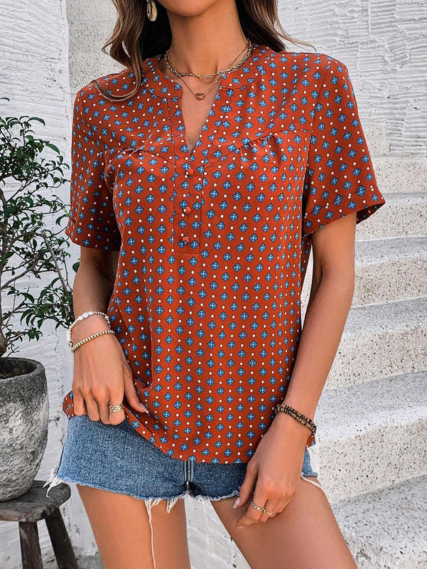 Blusa De Manga Corta Con Cuello En V Con Muescas Y Estampado Floral Para Mujer