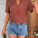 Blusa De Manga Corta Con Cuello En V Con Muescas Y Estampado Floral Para Mujer