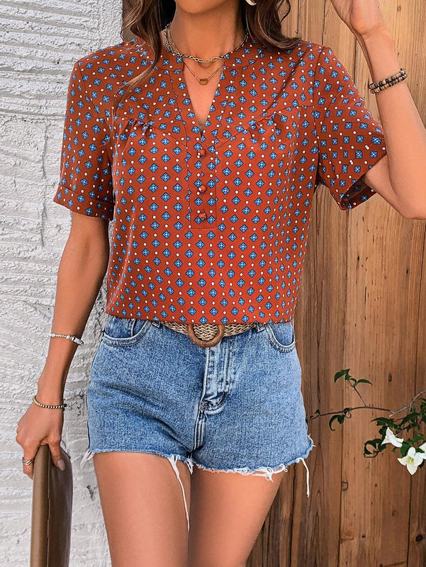 Blusa De Manga Corta Con Cuello En V Con Muescas Y Estampado Floral Para Mujer