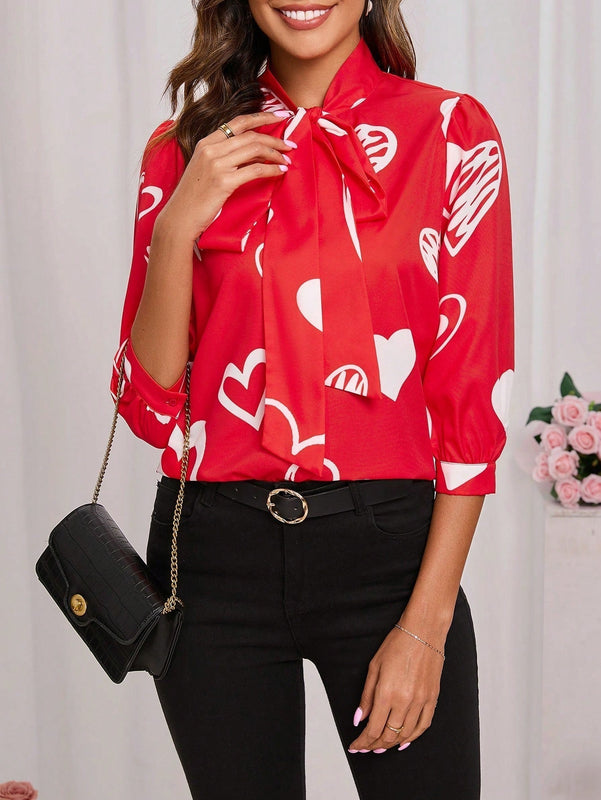 Clasi Camisa Roja De Mujeres Con Corbata De Cuell Oimpresa Con Corazones