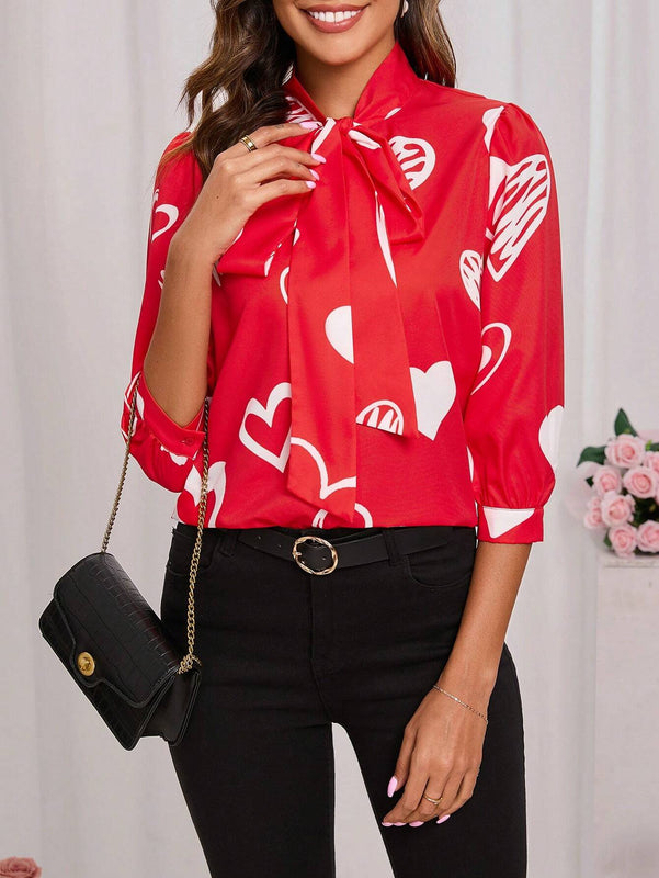 Camisa Roja De Mujeres Con Corbata De Cuell Oimpresa Con Corazones