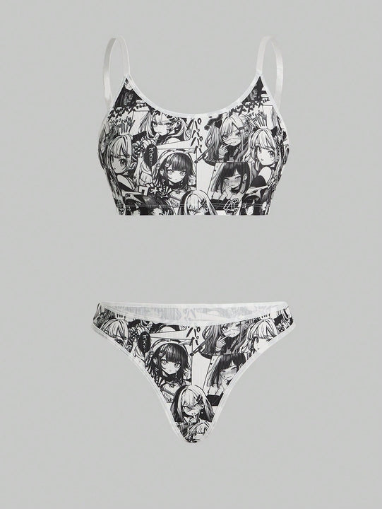 ROMWE Anime Conjunto De Lenceria De Caricatura De Personaje De Dibujos Animados Para Mujer