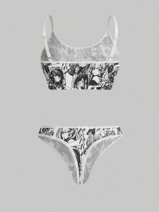 ROMWE Anime Conjunto De Lenceria De Caricatura De Personaje De Dibujos Animados Para Mujer