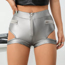 ICON Pantalones Cortos Ajustados De Pu Para Mujer Con Decoracion De Cremallera Metalica Y Diseno De Huecos En El Lateral