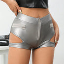 ICON Pantalones Cortos Ajustados De Pu Para Mujer Con Decoracion De Cremallera Metalica Y Diseno De Huecos En El Lateral