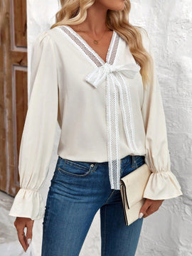 LUNE Camisa De Mujer Con Mangas Largas Con Volantes Y Decoracion De Lazo