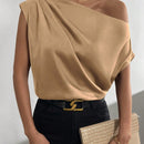 Prive Blusa unicolor de cuello asimetrico fruncido de saten