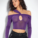 Top De Malla Transparente Morado, Escote Irregular, Un Hombro, Plisado, Manga Larga