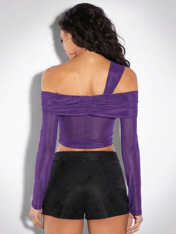 Top De Malla Transparente Morado, Escote Irregular, Un Hombro, Plisado, Manga Larga