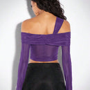 Top De Malla Transparente Morado, Escote Irregular, Un Hombro, Plisado, Manga Larga
