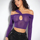 Top De Malla Transparente Morado, Escote Irregular, Un Hombro, Plisado, Manga Larga