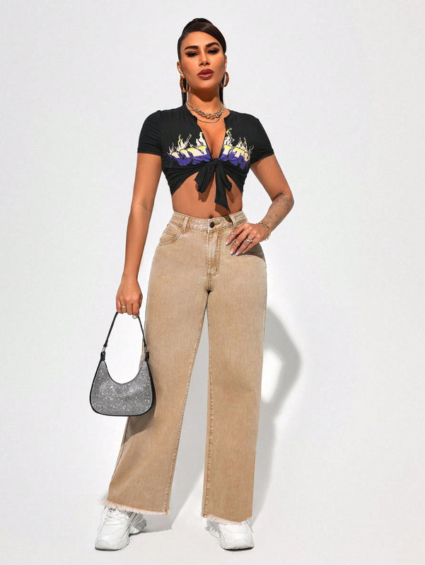 SXY Pantalones Jeans Rectos Con Dobladillo Crudo