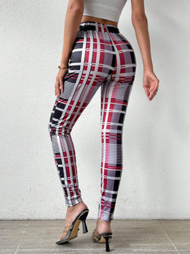 Pantalon Largo Estampado De Cuadros Para Mujer