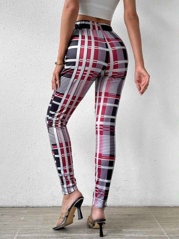 Pantalon Largo Estampado De Cuadros Para Mujer