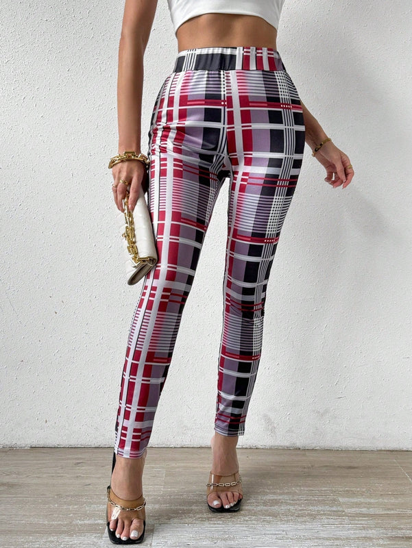 Pantalon Largo Estampado De Cuadros Para Mujer