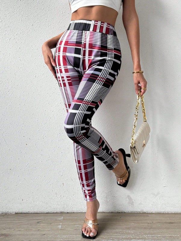 Pantalon Largo Estampado De Cuadros Para Mujer