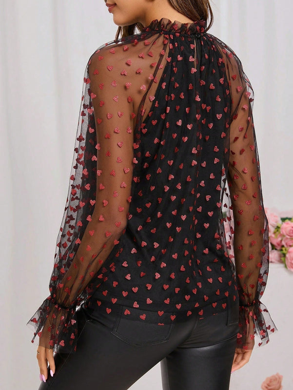 Clasi Camisa De Malla De Manga Larga Y Cuello Alto Con Estampado De Corazon Para Mujer, Talla L