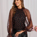 Camisa De Malla De Manga Larga Y Cuello Alto Con Estampado De Corazon Para Mujer, Talla L