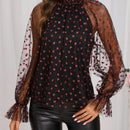 Clasi Camisa De Malla De Manga Larga Y Cuello Alto Con Estampado De Corazon Para Mujer, Talla L