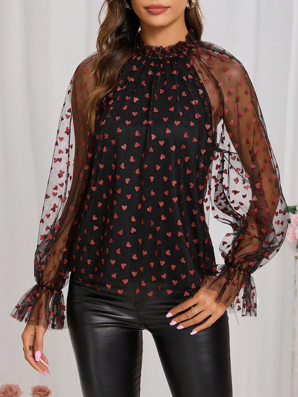 Clasi Camisa De Malla De Manga Larga Y Cuello Alto Con Estampado De Corazon Para Mujer, Talla L