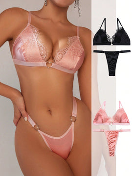 Conjunto De Sujetador De Encaje Para Mujer Con Conector En Forma De Corazon