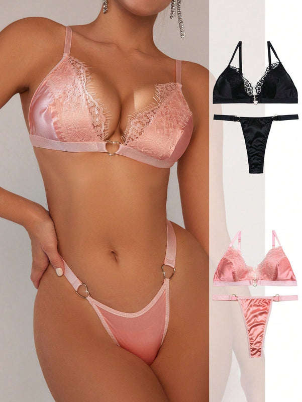 Conjunto De Sujetador De Encaje Para Mujer Con Conector En Forma De Corazon