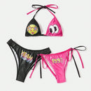 ROMWE Kawaii Conjunto De Sujetador De Tirantes Ajustables De 3 Piezas Para Mujer Con Insercion De Bloques De Colores Con Estampado De Lindas Estrellas, Ojos Y Numeros
