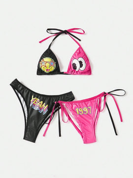 ROMWE Kawaii Conjunto De Sujetador De Tirantes Ajustables De 3 Piezas Para Mujer Con Insercion De Bloques De Colores Con Estampado De Lindas Estrellas, Ojos Y Numeros