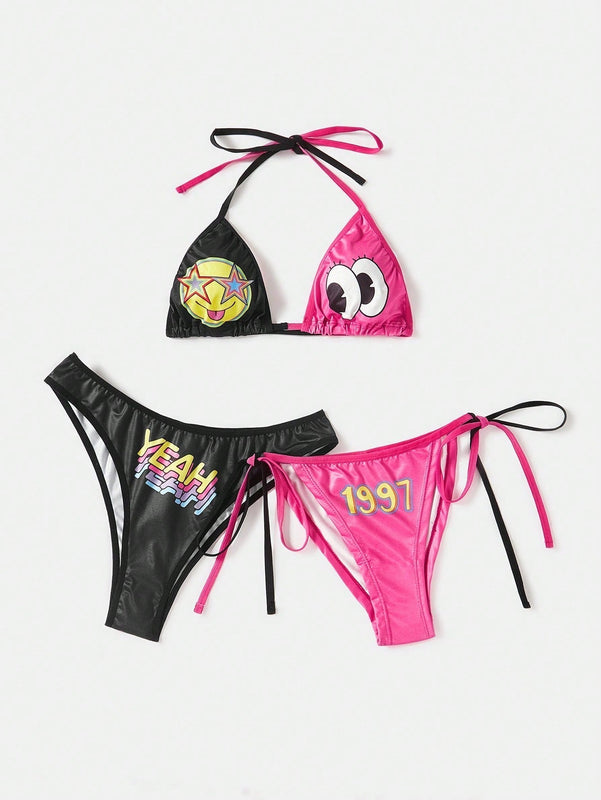 ROMWE Kawaii Conjunto De Sujetador De Tirantes Ajustables De 3 Piezas Para Mujer Con Insercion De Bloques De Colores Con Estampado De Lindas Estrellas, Ojos Y Numeros