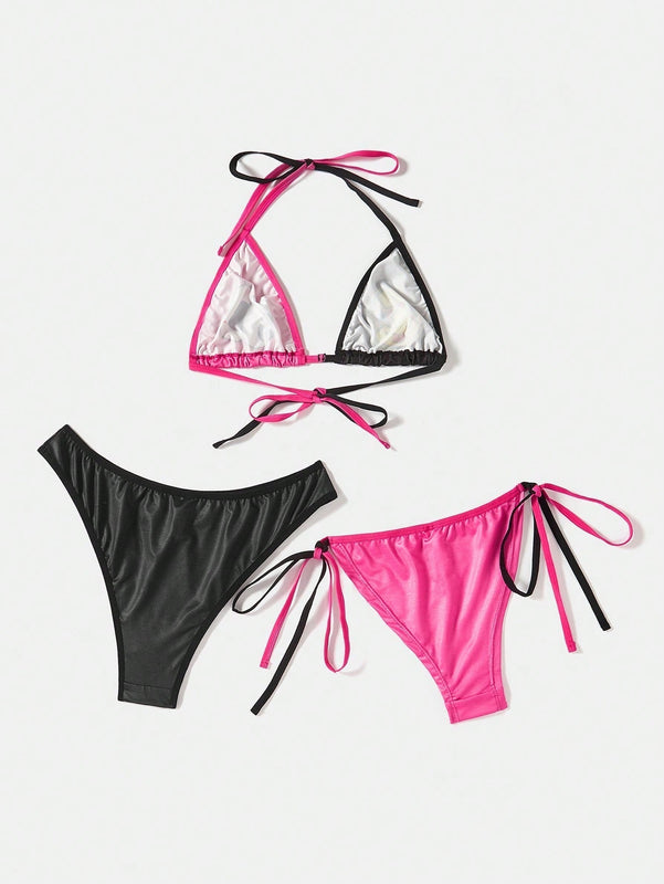 ROMWE Kawaii Conjunto De Sujetador De Tirantes Ajustables De 3 Piezas Para Mujer Con Insercion De Bloques De Colores Con Estampado De Lindas Estrellas, Ojos Y Numeros