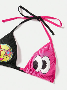 ROMWE Kawaii Conjunto De Sujetador De Tirantes Ajustables De 3 Piezas Para Mujer Con Insercion De Bloques De Colores Con Estampado De Lindas Estrellas, Ojos Y Numeros