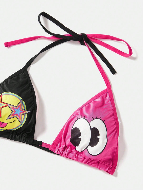 ROMWE Kawaii Conjunto De Sujetador De Tirantes Ajustables De 3 Piezas Para Mujer Con Insercion De Bloques De Colores Con Estampado De Lindas Estrellas, Ojos Y Numeros